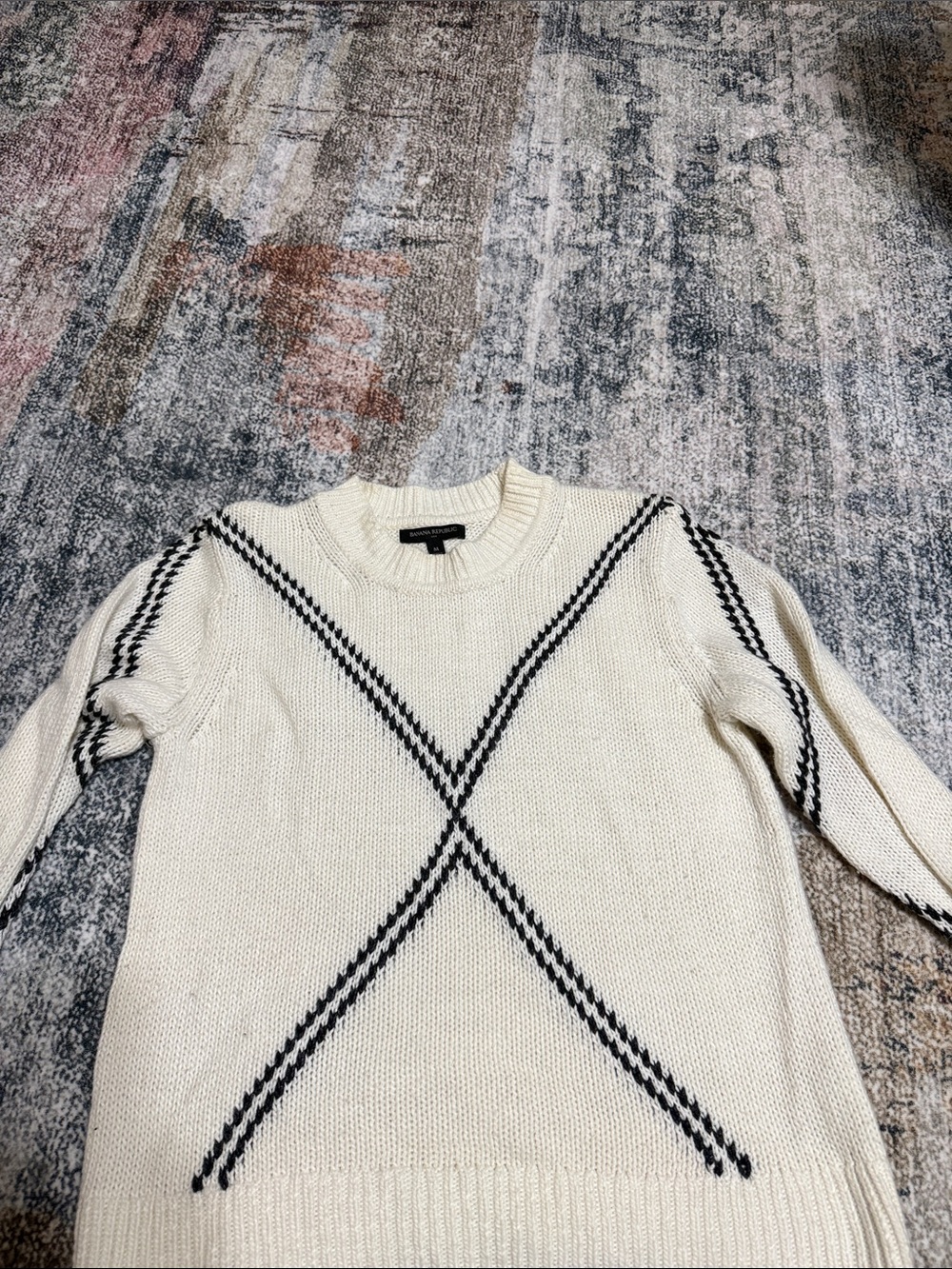 Banana Republic Cream Crewneck Sweater with Black Cross-Stripe